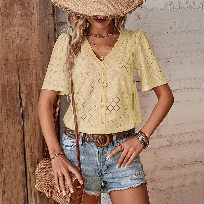 ADELHEID SHORT SLEEVE BLOUSE WITH V-NECK