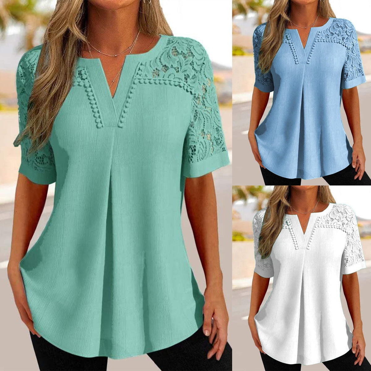 Alvara - Women's Elegant Lace Short Sleeve Summer Shirt