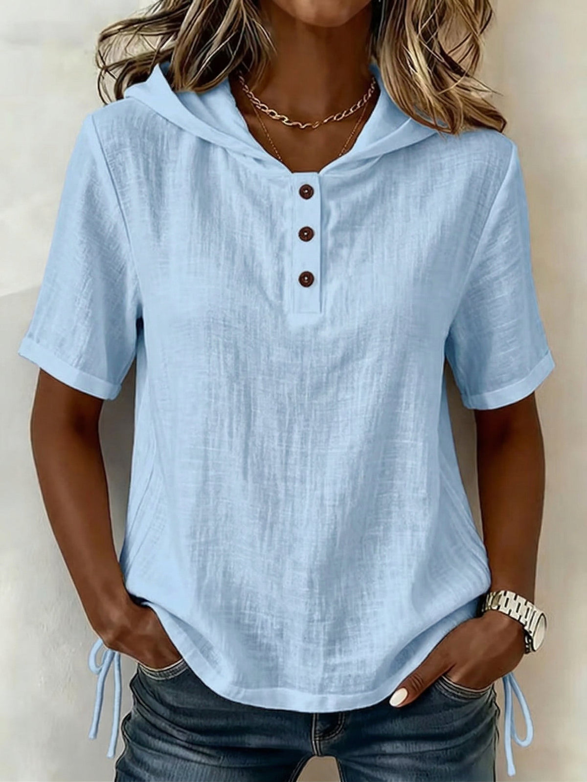 Aevrixa - Women's flowing short-sleeve hooded top with button-up open collar, casual style