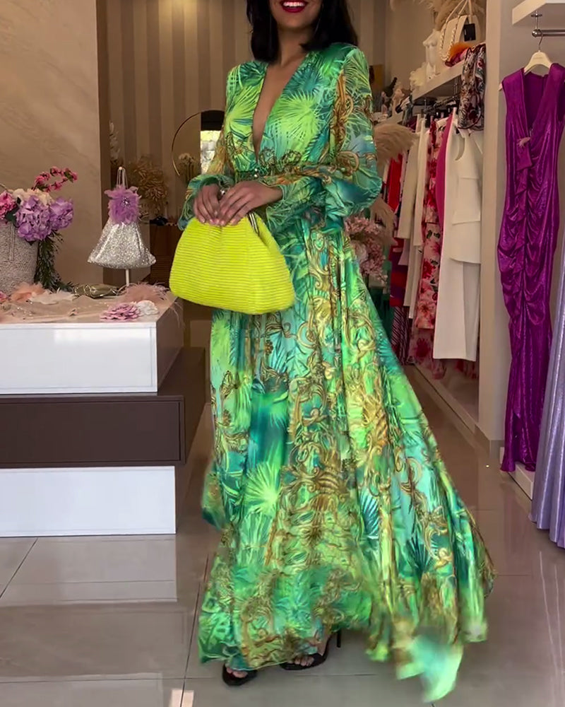 Aceline - Elegant Printed Empire Waist Long Dress