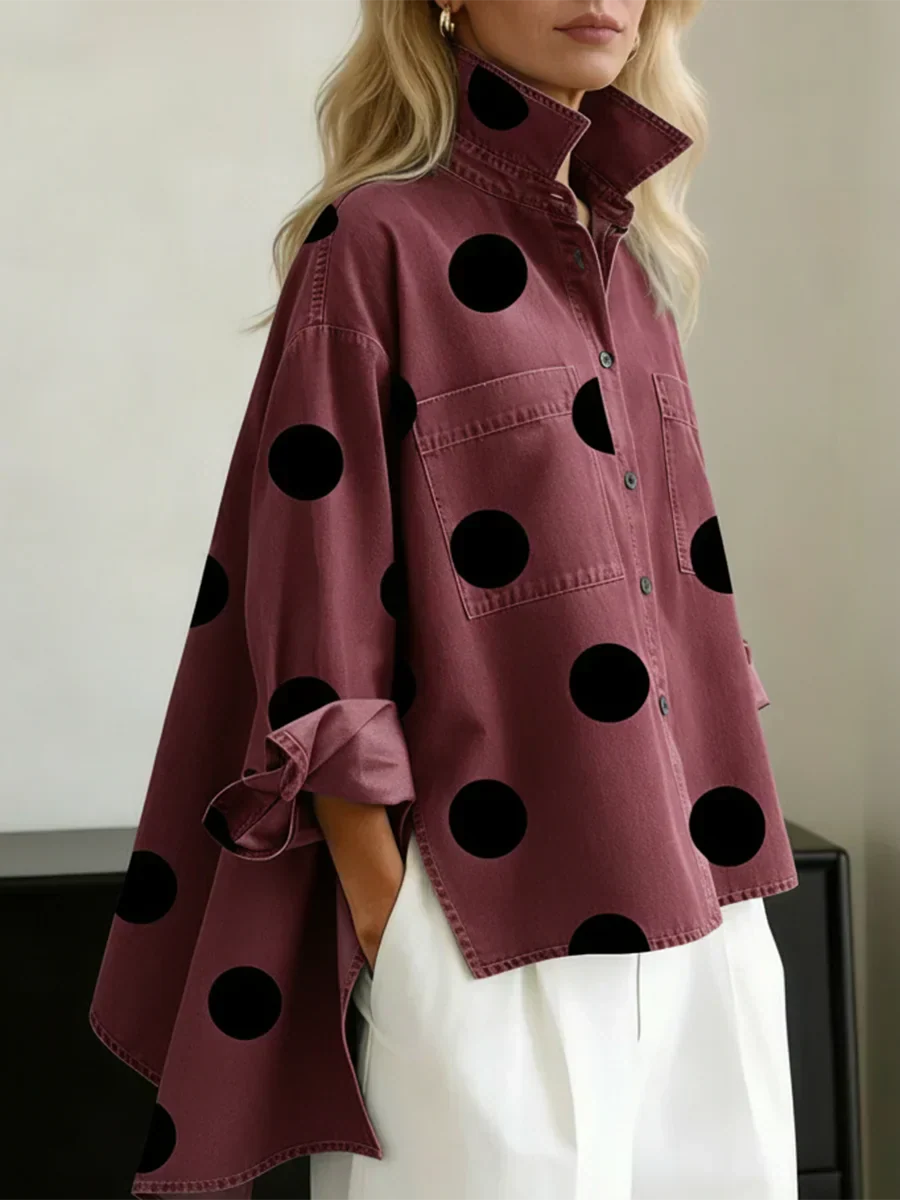 Aqira - Women's Oversized Polka Dot Shirt Loose Fit Modern Structured Collar