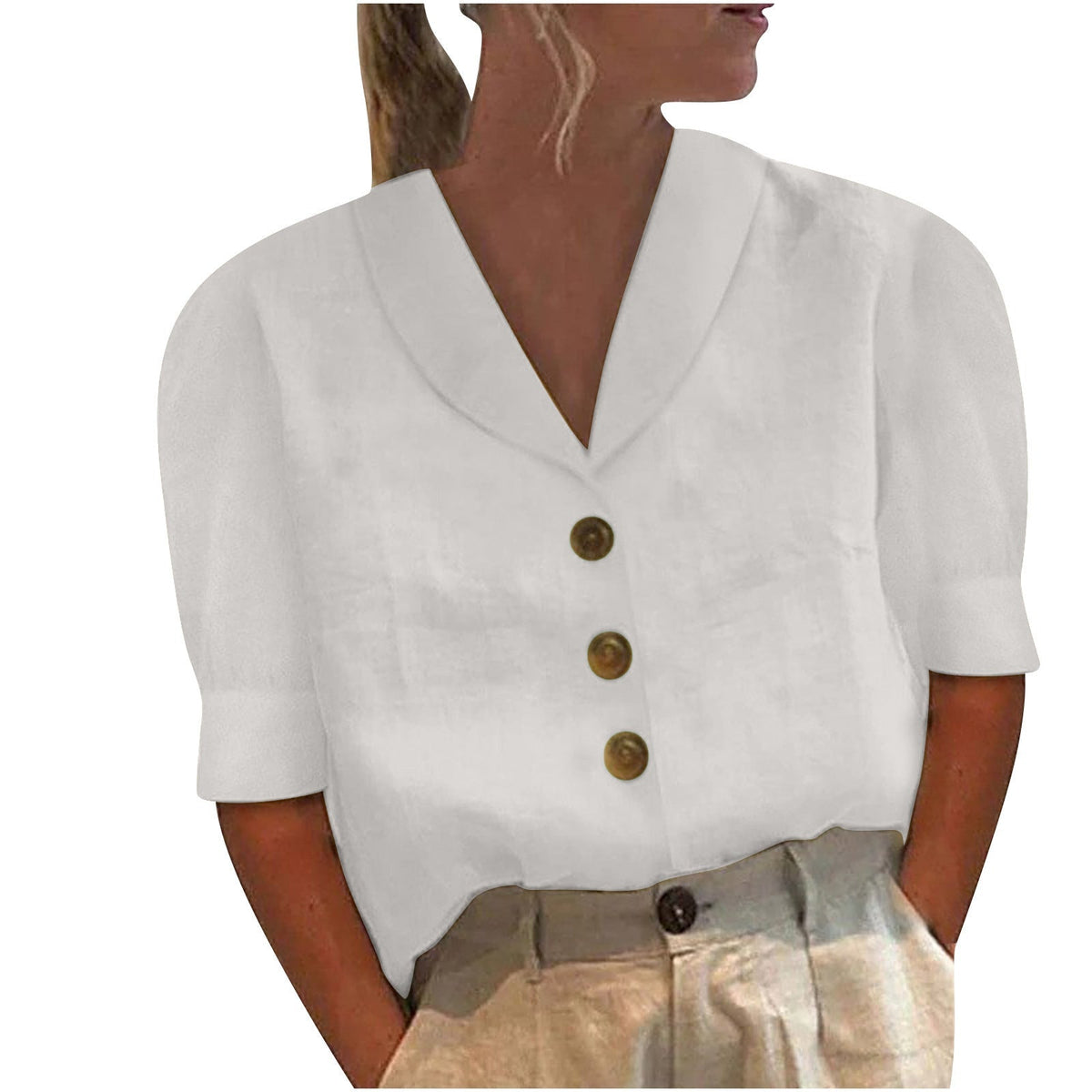Retro-Chic Button Blouse with Knotted Front