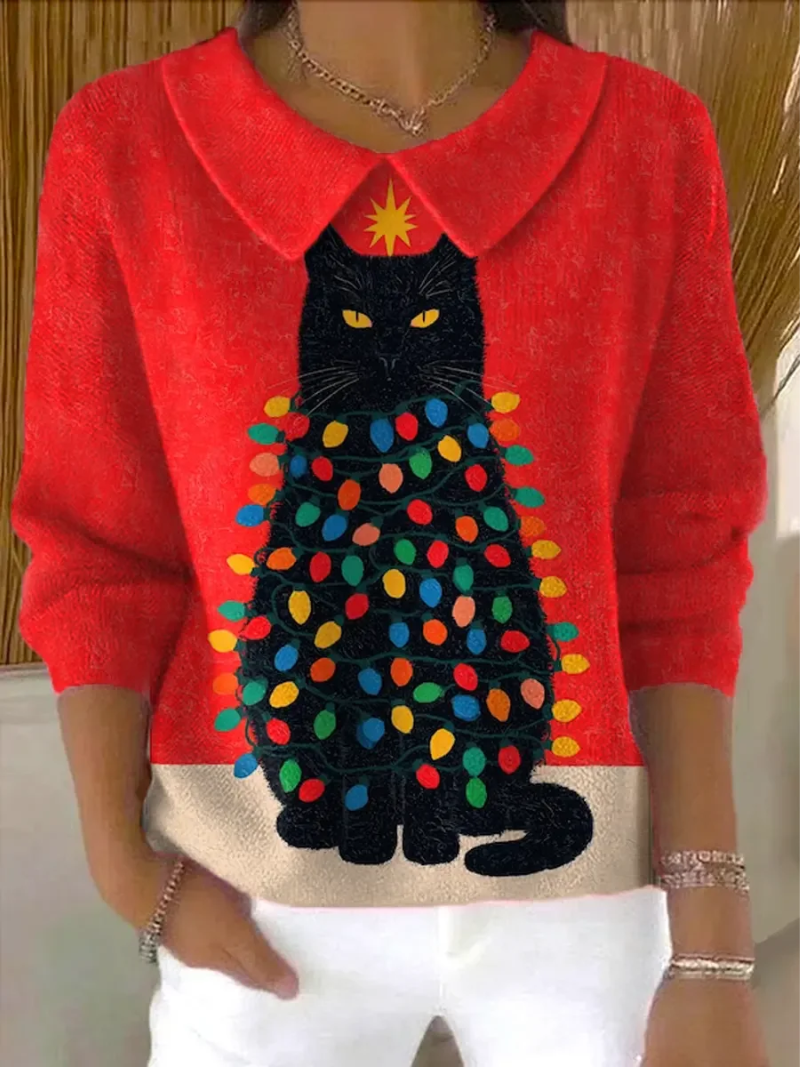 Mila – Knitted Christmas Blouse with Cat Print