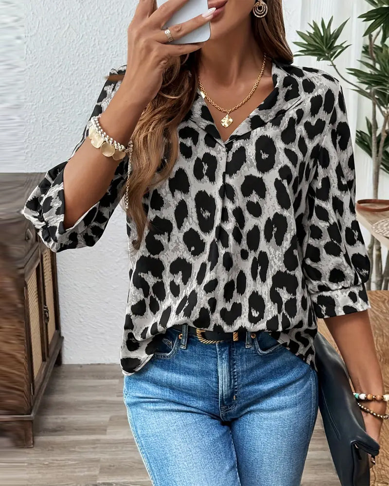 Astoria - Leopard Print Oversized Mid-Length Sleeve Blouse
