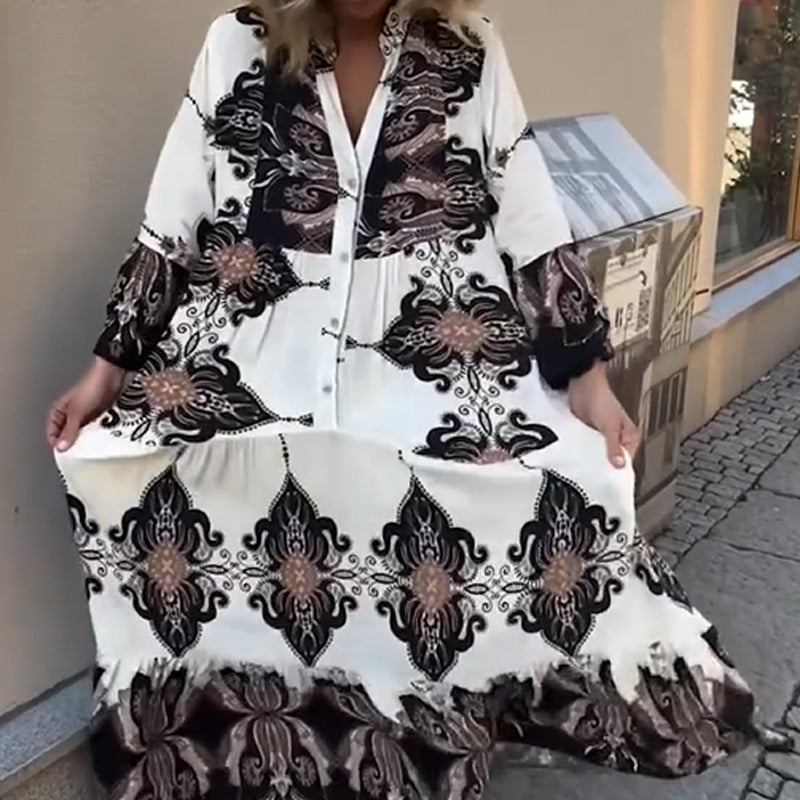 Anirelle - Elegant women's printed dress with loose, flowing V-neck and flared sleeves