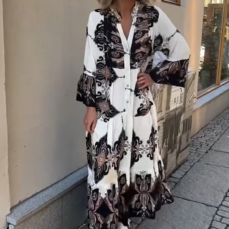 Anirelle - Elegant women's printed dress with loose, flowing V-neck and flared sleeves