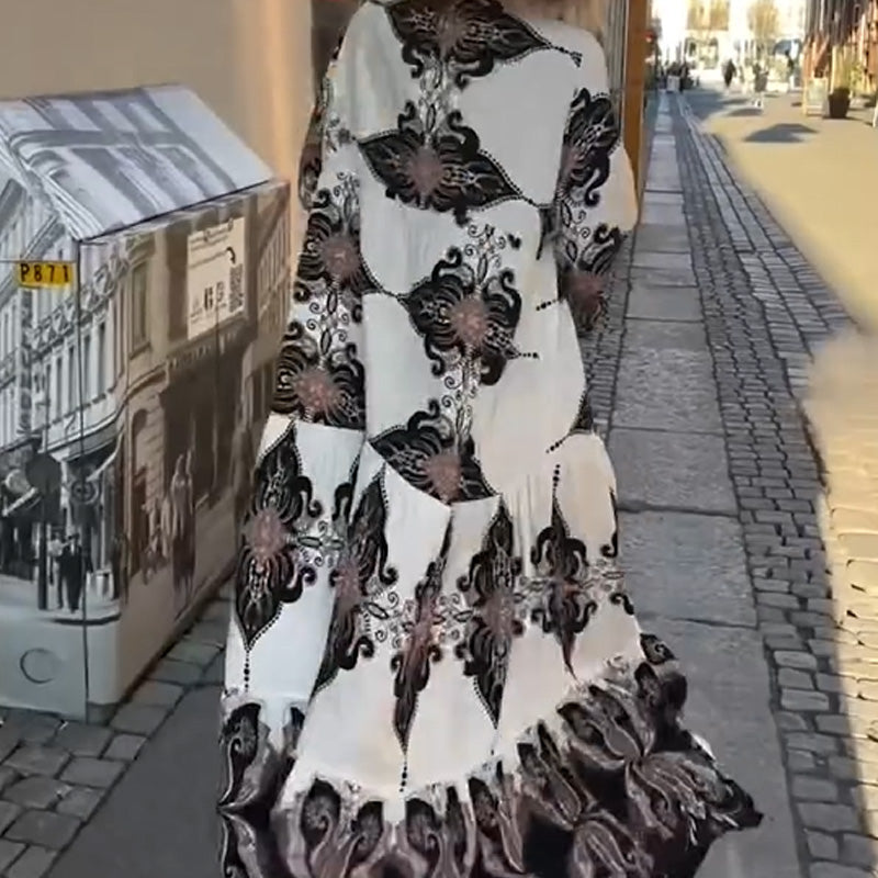 Anirelle - Elegant women's printed dress with loose, flowing V-neck and flared sleeves