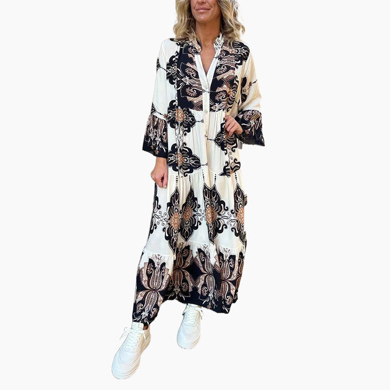 Anirelle - Elegant women's printed dress with loose, flowing V-neck and flared sleeves