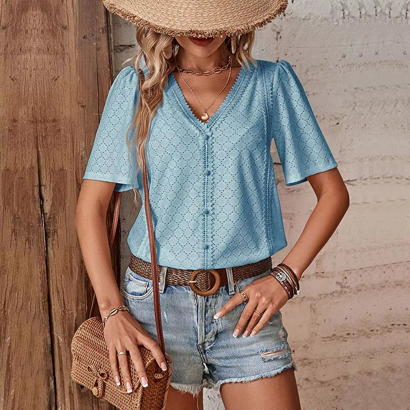 ADELHEID SHORT SLEEVE BLOUSE WITH V-NECK