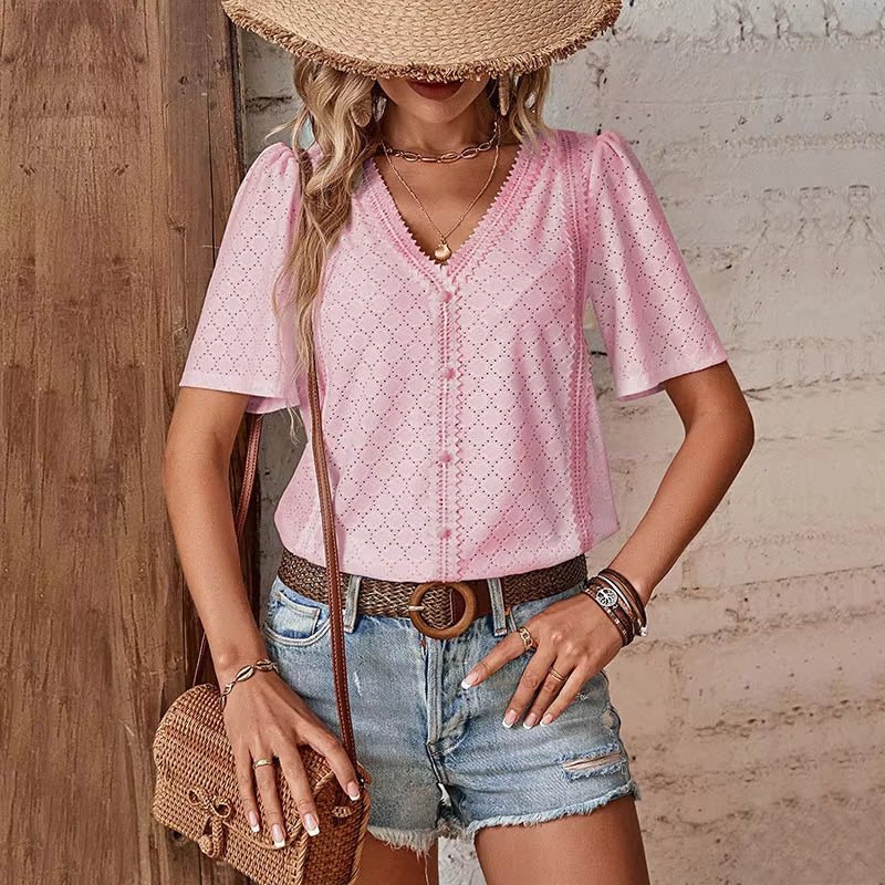 ADELHEID SHORT SLEEVE BLOUSE WITH V-NECK
