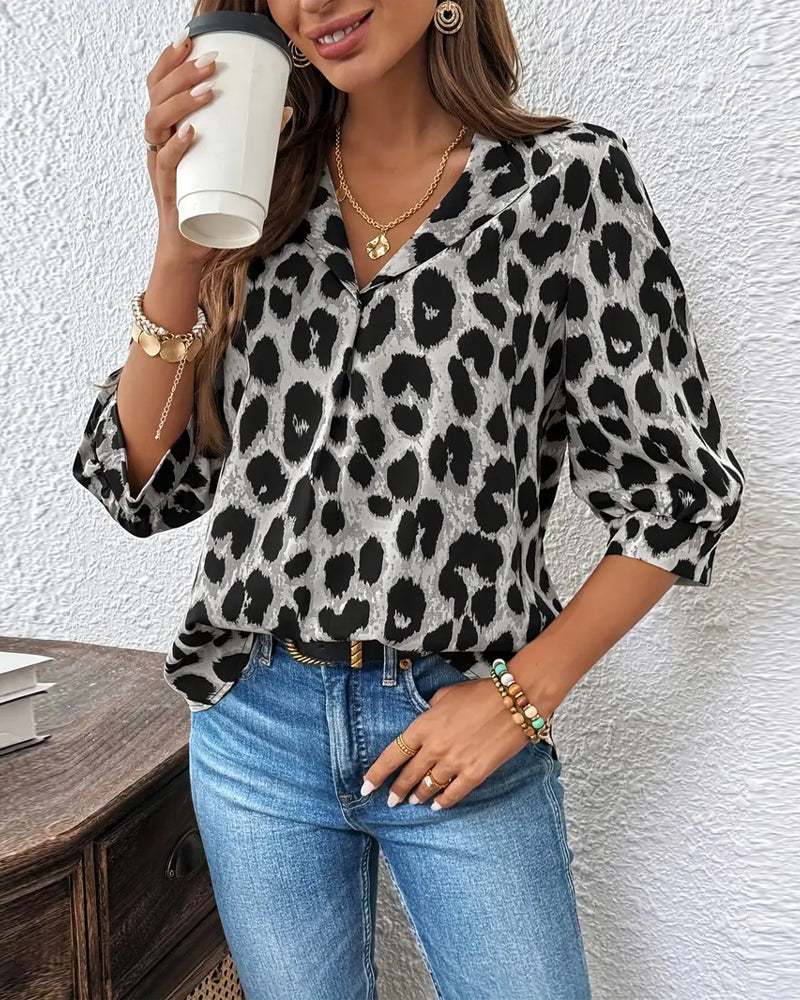 Astoria - Leopard Print Oversized Mid-Length Sleeve Blouse