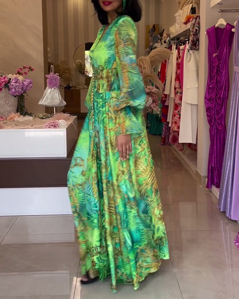 Aceline - Elegant Printed Empire Waist Long Dress