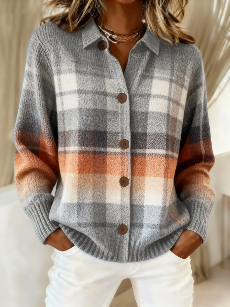 Elena – Checked Knitted Blouse in Soft Tones