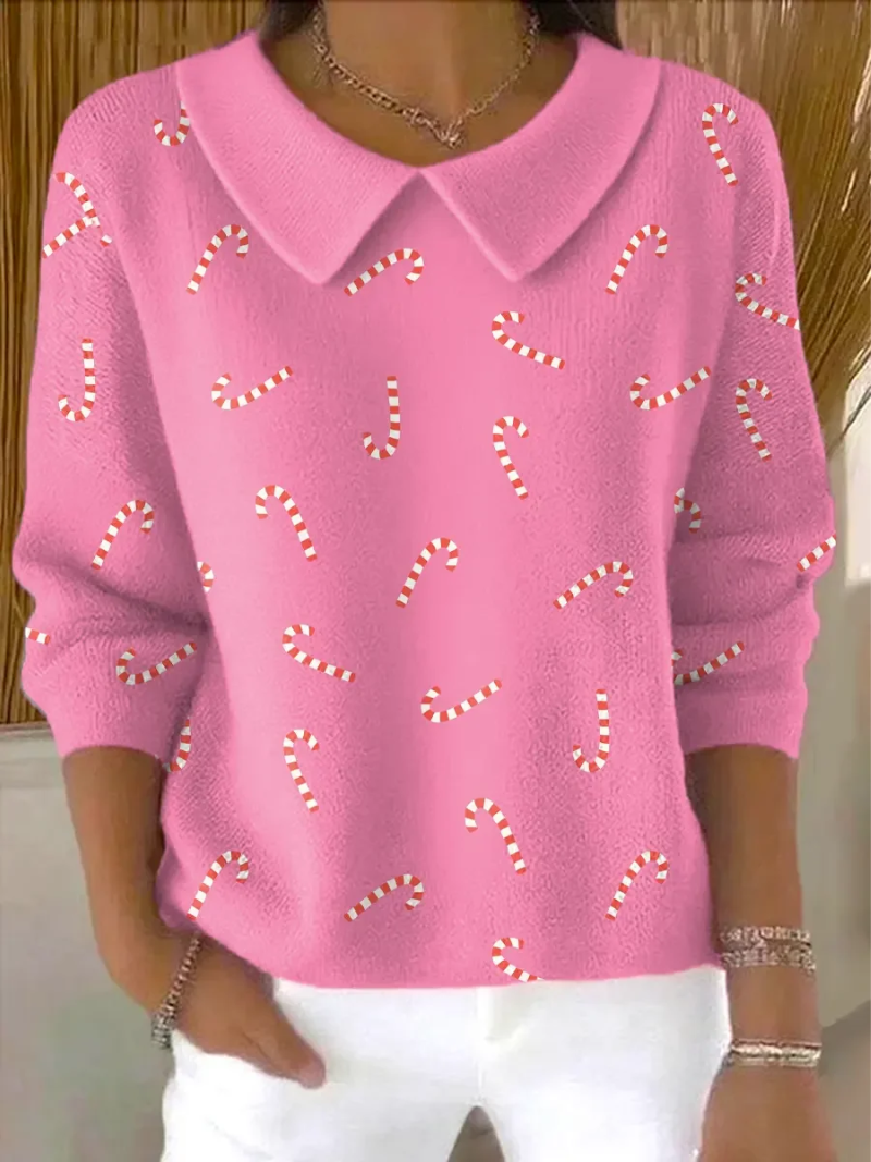 Elena – Christmas Sweater with Candy Cane Print