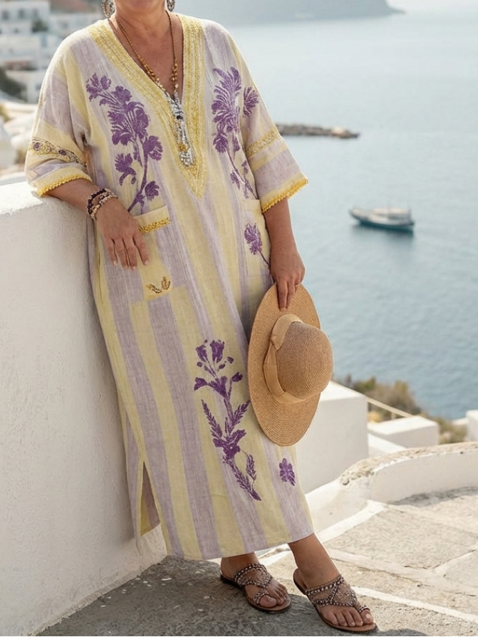 Aurelia - V-Neck Floral Maxi Dress with Half-Length Sleeves