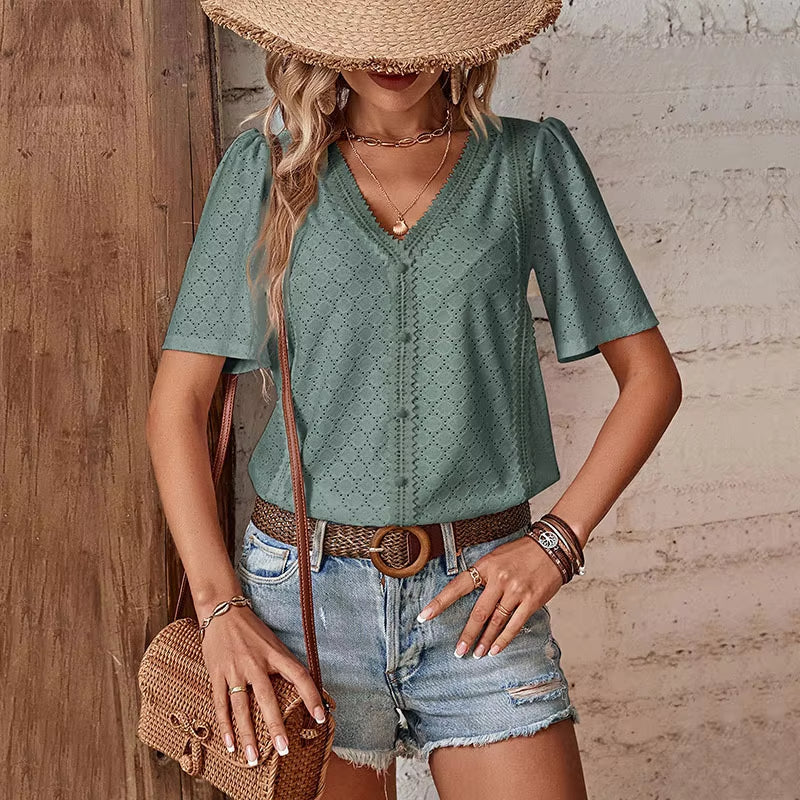 ADELHEID SHORT SLEEVE BLOUSE WITH V-NECK