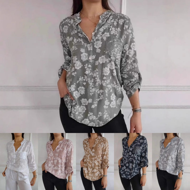 Avice - Long Sleeve Floral Blouse with Sparkly Pocket