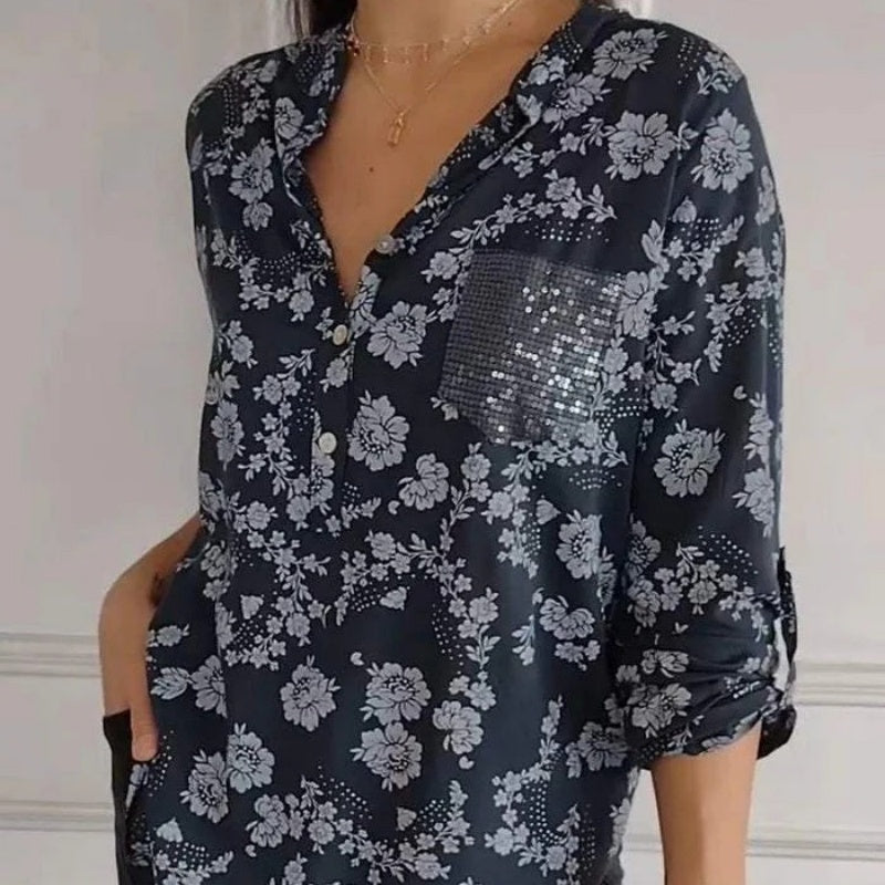 Avice - Long Sleeve Floral Blouse with Sparkly Pocket